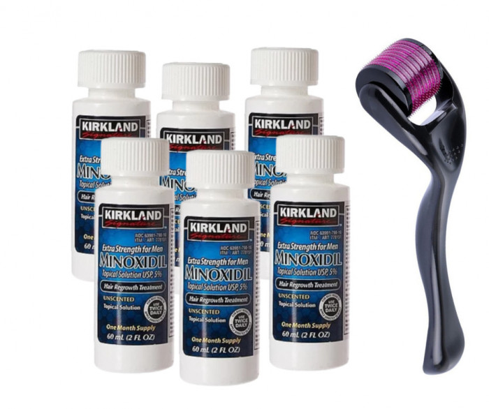 Minoxidil Kirkland 5%, 6 Luni Aplicare +Dermaroller, Tratament Pentru Barba / Scalp