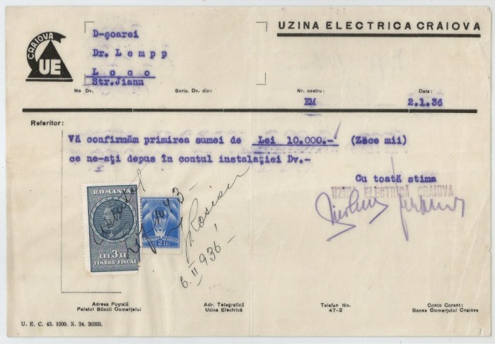Romania, Uzina Electrica, Confirmare, Craiova, 1936