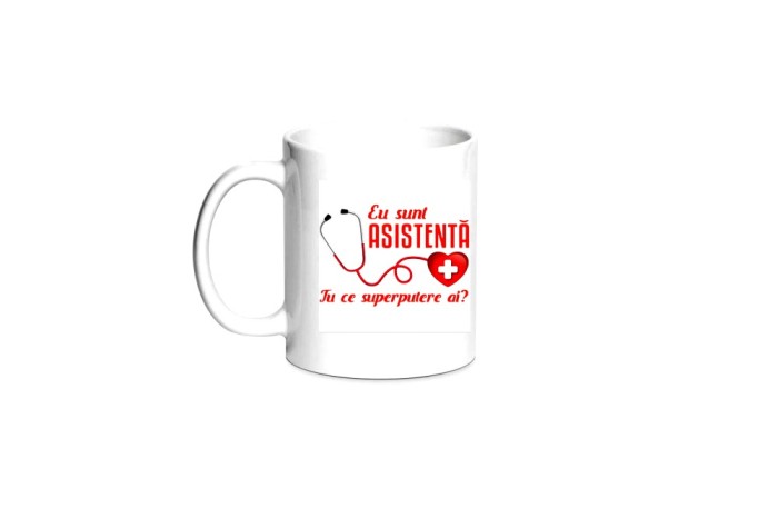 Cana alba personalizata &quot; Eu sunt asistenta, tu ce superputere ai, INOVATIX&reg;. 330ml