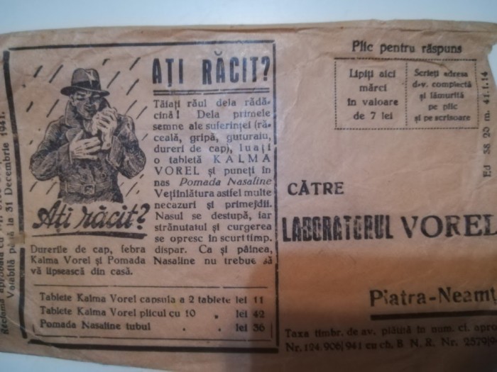 1941, Plic reclama Laboratorul VOREL, Piatra Neamt, industrie farmaceutica roman