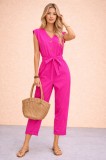 Summer Single-Breasted V-Neck Waist-Tied Fuchsia Linen Jumpsuit