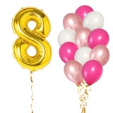 Set 13 Baloane Aniversare 8 Ani Fata Roz/Rose Gold Ropet - Balon Folie Cifra Aurie 81cm + 12 Latex 30cm - Decor Petrecere Copii