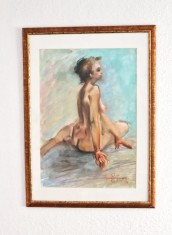 Fioghin Calistru - Nud femeie sezand _ acrilic 75 x 55 cm rama lemn foto