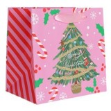 Pungă cadou de Crăciun, Roz, cu Brad și Sclipici Auriu, 14,5x10x14,5 cm, CMCLASS