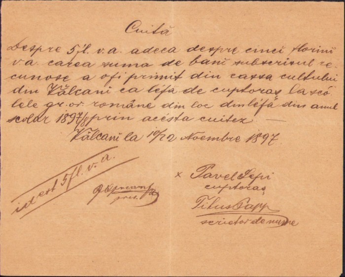 A2550N Chitanță olografă salariu cuptoraș Vălcani Timiș 1897