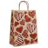 Sacoșă cadou h&acirc;rtie kraft bej cu inimi și glitter, CMCLASS, dimensiuni 26x12x33 cm