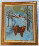 Tablou cu cai, original, IARNA IN BUCOVINA , pictat in ulei pe panza 62x52 cm, Peisaje, Realism