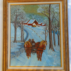 Tablou cu cai, original, IARNA IN BUCOVINA , pictat in ulei pe panza 62x52 cm