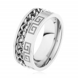 Inel din oţel argintiu, crestătură cu lanţ, cheie grecească - Marime inel: 70