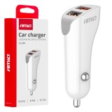 Incarcator auto AMiO 2x USB-A 2.1A pentru priza bricheta, alimentare 12-24V DC, culoare alb, design compact pentru masina