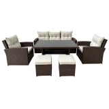Set mobilier gradina/terasa, maro si bej, ratan sintetic, 1 masa, 2 scaune, 2 tabureti, 1 canapea, Dolores