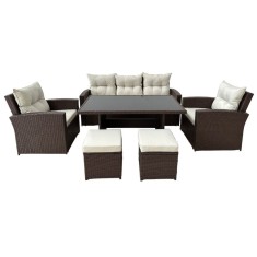 Set mobilier gradina/terasa, maro si bej, ratan sintetic, 1 masa, 2 scaune, 2 tabureti, 1 canapea, Dolores