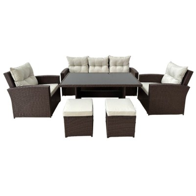 Set mobilier gradina/terasa, maro si bej, ratan sintetic, 1 masa, 2 scaune, 2 tabureti, 1 canapea, Dolores foto
