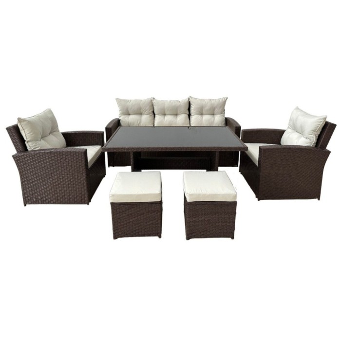Set mobilier gradina/terasa, maro si bej, ratan sintetic, 1 masa, 2 scaune, 2 tabureti, 1 canapea, Dolores