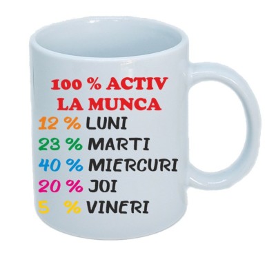 Cana alba personalizata &amp;quot; 100% Activ la munca &amp;quot;, INOVATIX&amp;reg;. 330ml foto