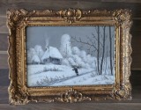 Tablou iarnă semnat Ion Dobosariu + ramă aurie vintage 35x50 cm