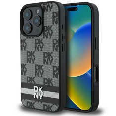 Husa iphone 16 pro max - dkny leather hardcase checkered pattern and printed stripes (dkhcp16xpcptssk) - black foto