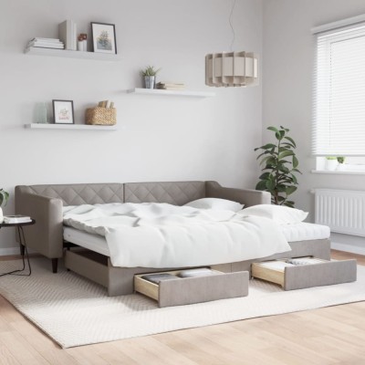 vidaXL Pat de zi cu extensie și sertare, gri taupe, 100x200 cm, textil 3197488 foto