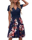 Rochie de vară pentru femei, m&acirc;necă scurtă, decolteu &icirc;n V, model floral, rochie de plajă cu buzunare (floral01, XL)