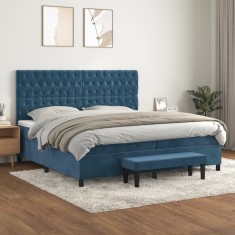 vidaXL Pat box spring cu saltea, albastru &icirc;nchis, 200x200 cm, catifea