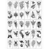 Set 30 tatuaje temporare, pe baza de apa, usor de aplicat, design floral, 10 x 6 cm, negru