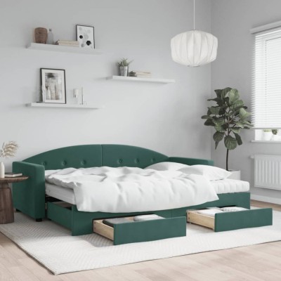 vidaXL Pat de zi cu extensie și sertare verde &amp;icirc;nchis 80x200 cm catifea 3197368 foto