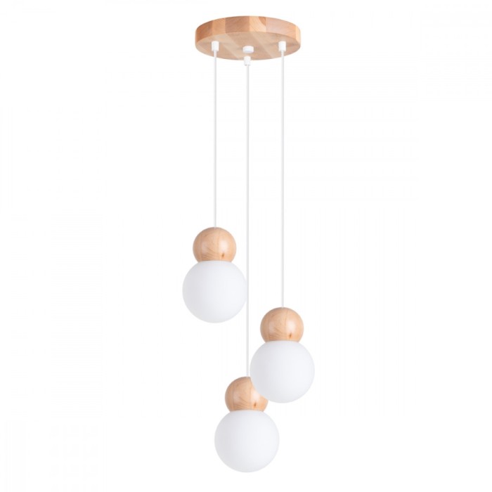 Lampă Suspendată Pekka Lemn Alb/Natural Sticlă/Lemn 3 Becuri Minge Scandinavă De Interior