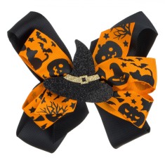 Clamă Păr Halloween, Fundiță Neagră și Portocalie, Pălărie Vrajitoare, Glitter Auriu și Negru, 13cm