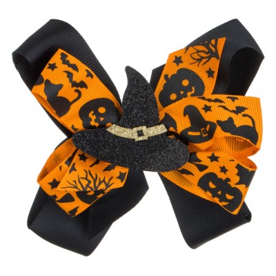 Clamă Păr Halloween, Fundiță Neagră și Portocalie, Pălărie Vrajitoare, Glitter Auriu și Negru, 13cm foto