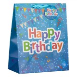 Pungă Cadou, H-B, Imprimeu Happy Birthday, Detalii Sclipici, Albastru, 26x13x32 cm