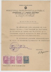 Romania, Universitatea &quot;C.I. Parhon&quot;, Facultatea de Filologie, Adeverinta, Bucuresti, 1949