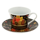 Set Căni cu Farfurii Crăciun, Model Casuțe și Fulgi, Porțelan, Capacitate 0,09 L, 2 Buc, Negru/Auriu