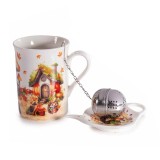 Cumpara ieftin Set cana portelan multicolor, infuzor ceai, farfurioara in cutie cadou Autumn &Oslash; 7,5 cm x 10,5 H, 300 ml