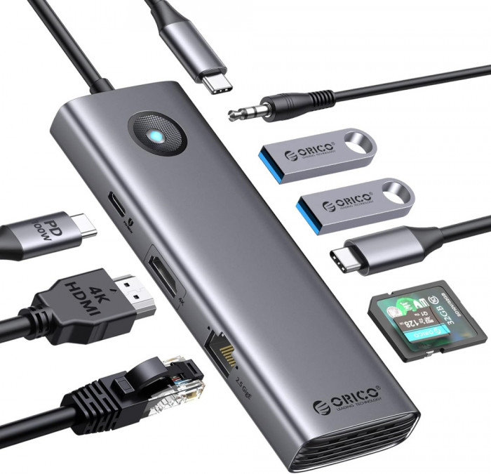 Sta&Aring;&pound;ie de andocare ORICO USB C, Dongle USB C 9 &Atilde;&reg;n 1 cu HDMI 4K, Ethernet 2.5G, 1