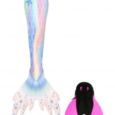 Set 2 piese Costum de baie Sirena THK®, include si Inotatoarea pentru fixarea cozii, Stele de mare, Purpuriu, 110 cm