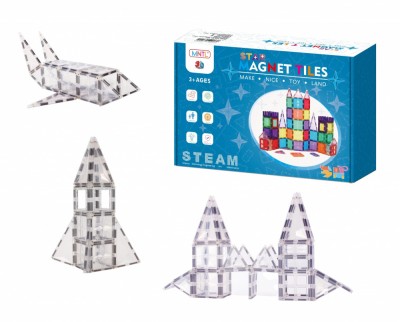 Set de constructie magnetic, 72 piese, Magnetic Tiles, transparente de forme geometrice diferite, 2D, 3D foto