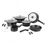 Set oale si tigai cu capace, 14 piese Royalty Line ES 2014M, negre, marmorate, antiaderente, inductie