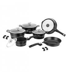 Set oale si tigai cu capace, 14 piese Royalty Line ES 2014M, negre, marmorate, antiaderente, inductie