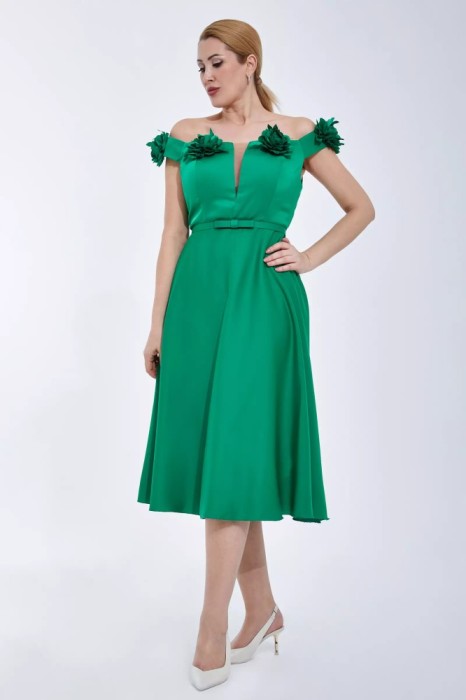 Rochie midi Clara fara maneci din satin, culoarea verde - XL(42)