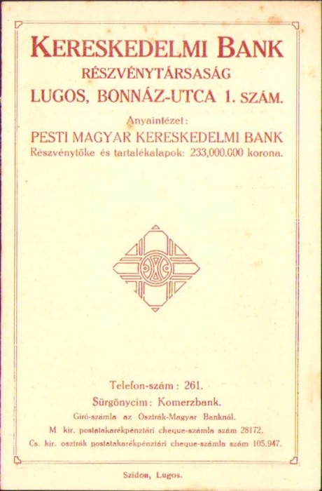 HST A40 Reclamă Banca Comercială Lugoj ante 1918