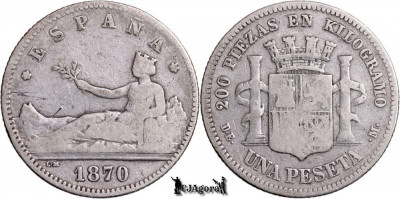 1870 DE-M, 1 Peseta - Guvernul Provizoriu - Spania | KM 653 foto