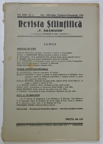 REVISTA STIINTIFICA &#039; V. ADAMACHI &#039; , NR. 4 , IASI - ALBA IULIA , OCTOMBRIE - DECEMBRIE , 1944