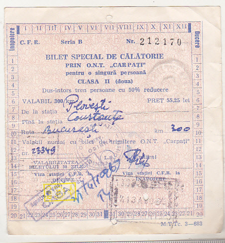 bnk div Bilet special de calatorie ONT Carpati - tren - 1968