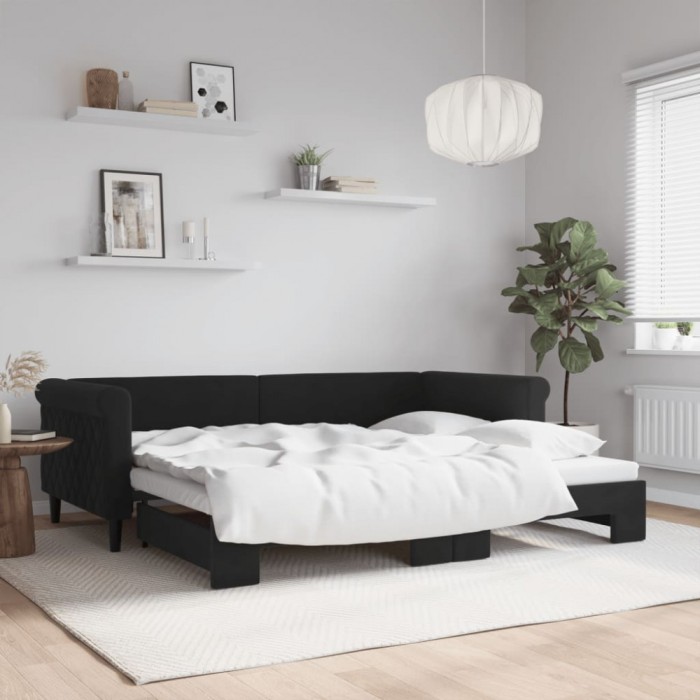 Gossi pat de zi cu extensie, negru, 90x200 cm, catifea