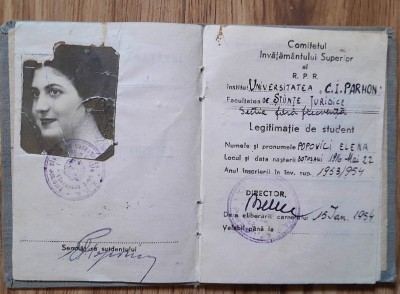 1953, Carnet student, UNIV C I PARHON Bucuresti, Stiinte Juridice, comunism foto