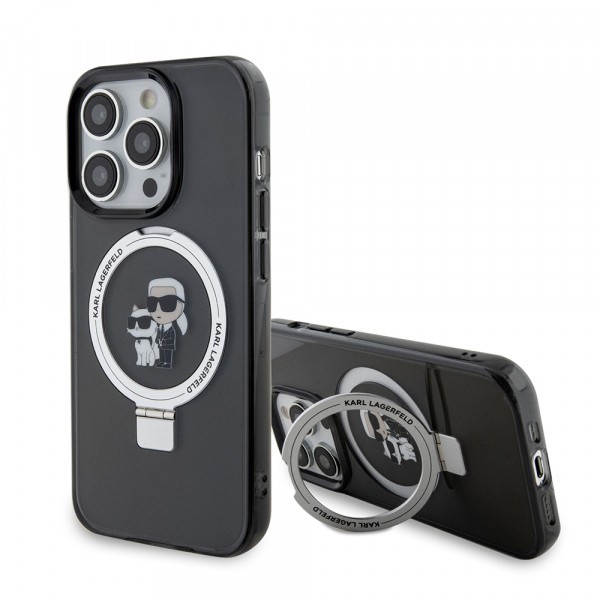 Husa MagSafe pentru Apple iPhone 15 Pro Max, Karl Lagerfeld, Ring Stand Karl &amp; Choupette, Neagra