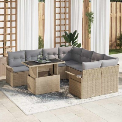 Set de canapele pentru grădină cu pernă 9 pcs Bej Rattan poli foto