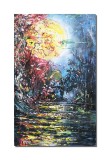 Cumpara ieftin Tablou impasto pictat manual, Peisaj nocturn feeric, 100x60cm acril pe panza in relief efect 3D, Kenny Varniote