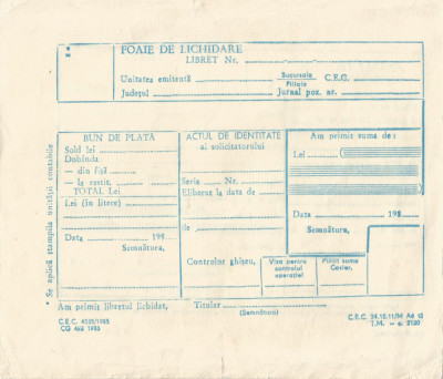 Rom&amp;acirc;nia, foaie de lichidare CEC, R.S. Rom&amp;acirc;nia, 1985 foto