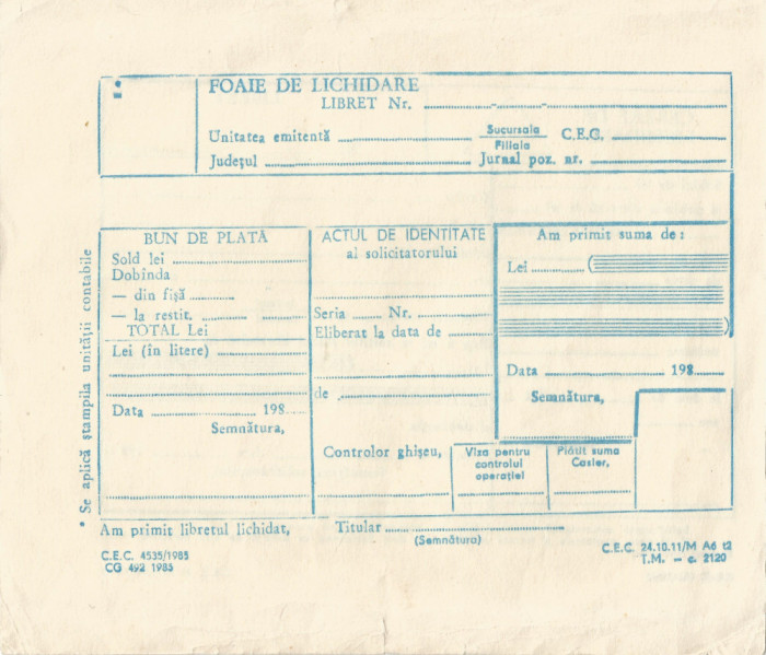 Rom&acirc;nia, foaie de lichidare CEC, R.S. Rom&acirc;nia, 1985